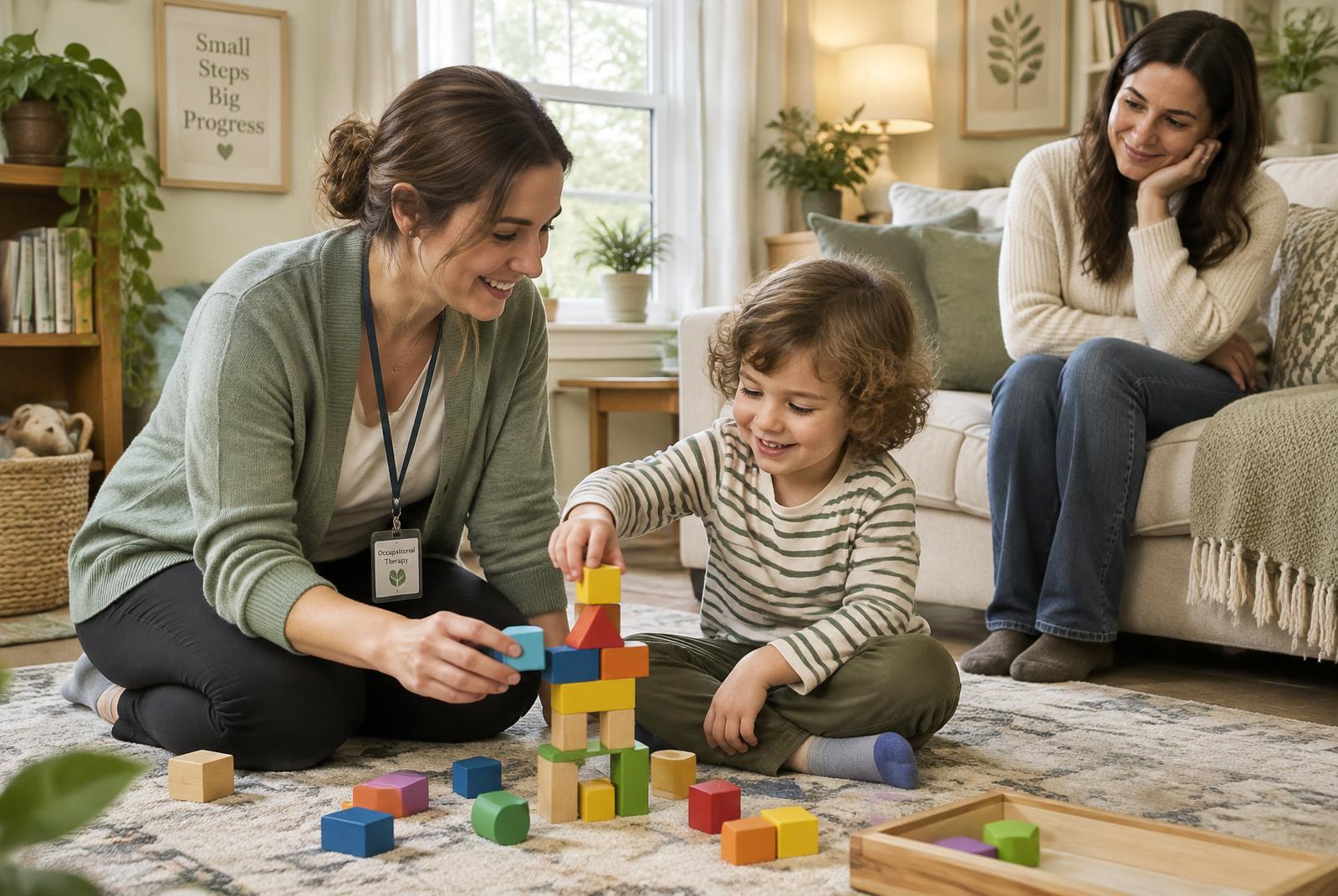 A pediatric occupational therapy session at home — playing together in the family living room